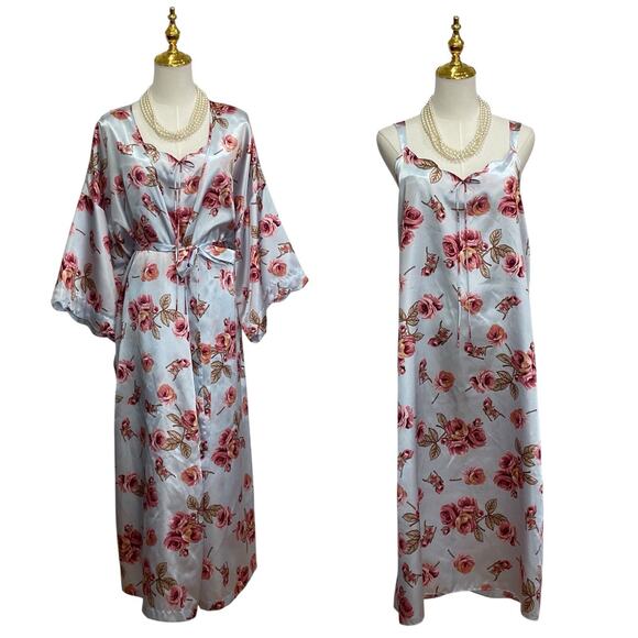 Serenada 2 Pc Blue Floral Satin Nightgown & Robe Sleepwear Set size 2X 22/24 - Picture 1 of 15